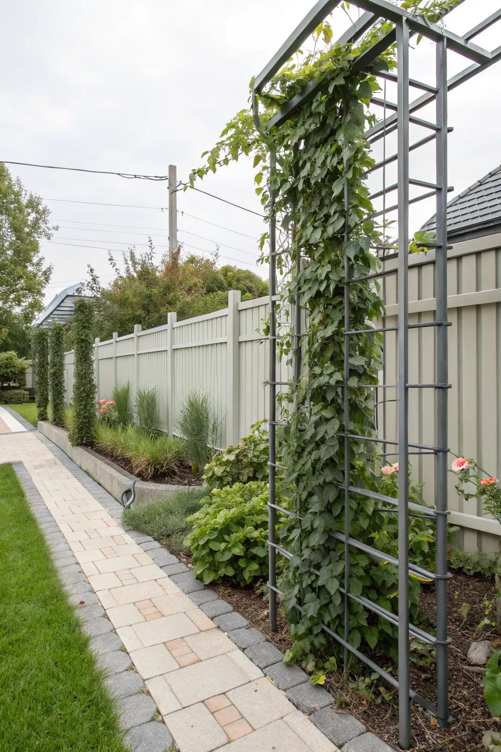 A metal trellis provides a modern touch with climbing ivy.