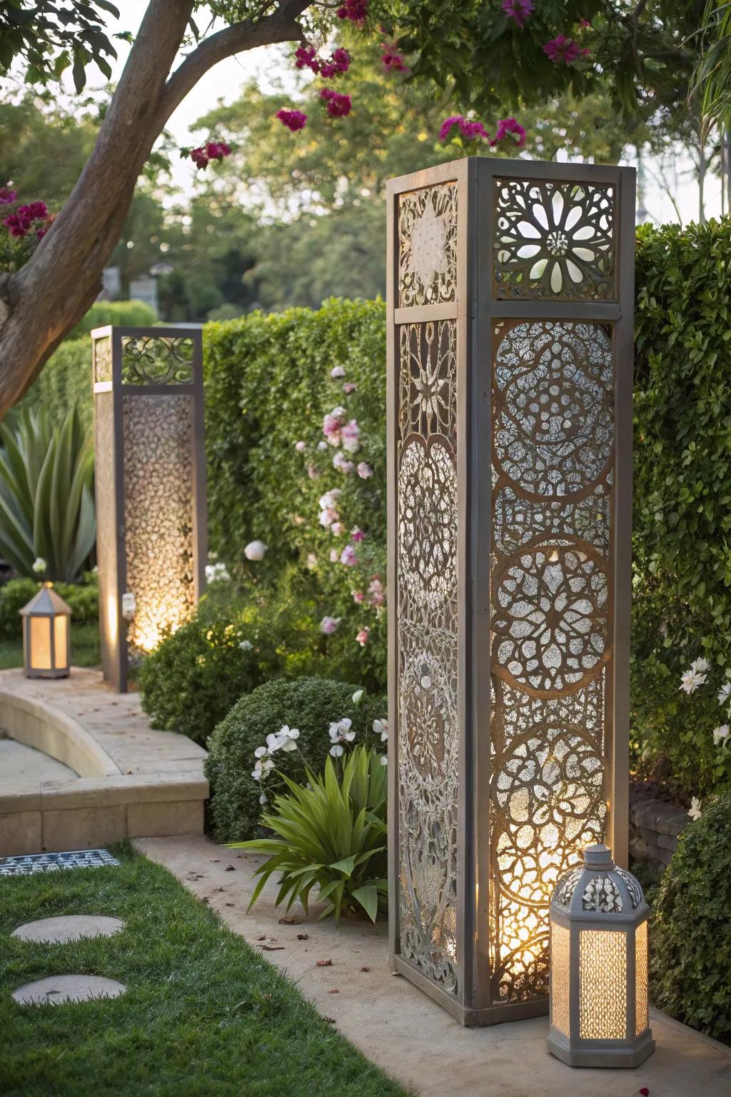 Metal panels can add an artistic touch while concealing trash bins.