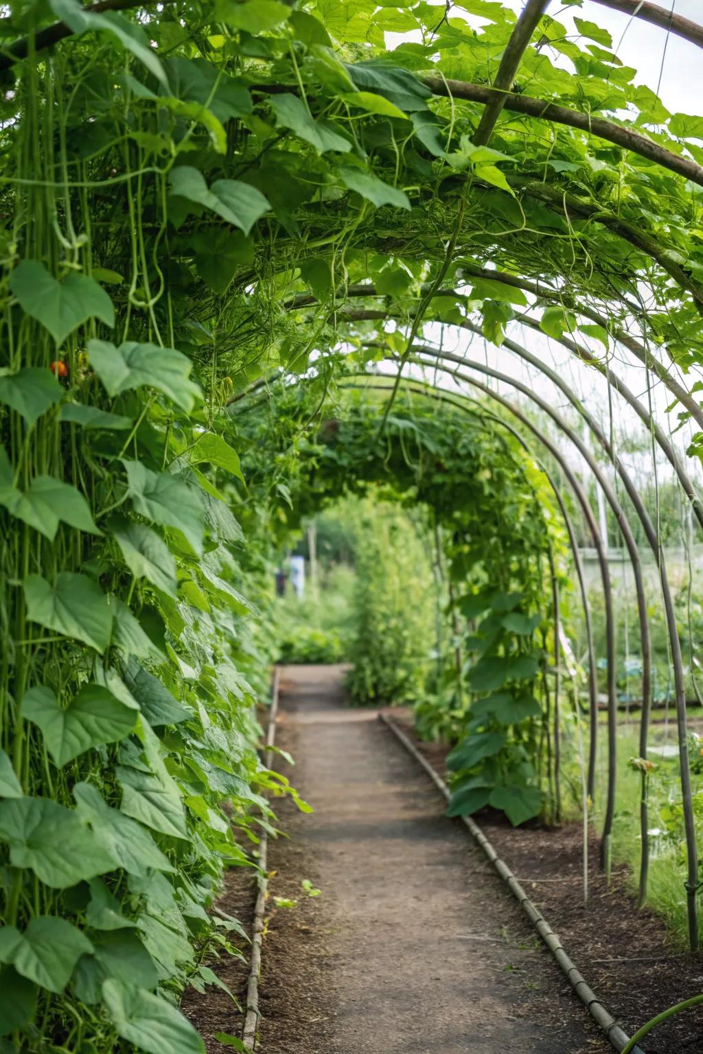 A veggie tunnel offering shade and a bounty of fresh produce.