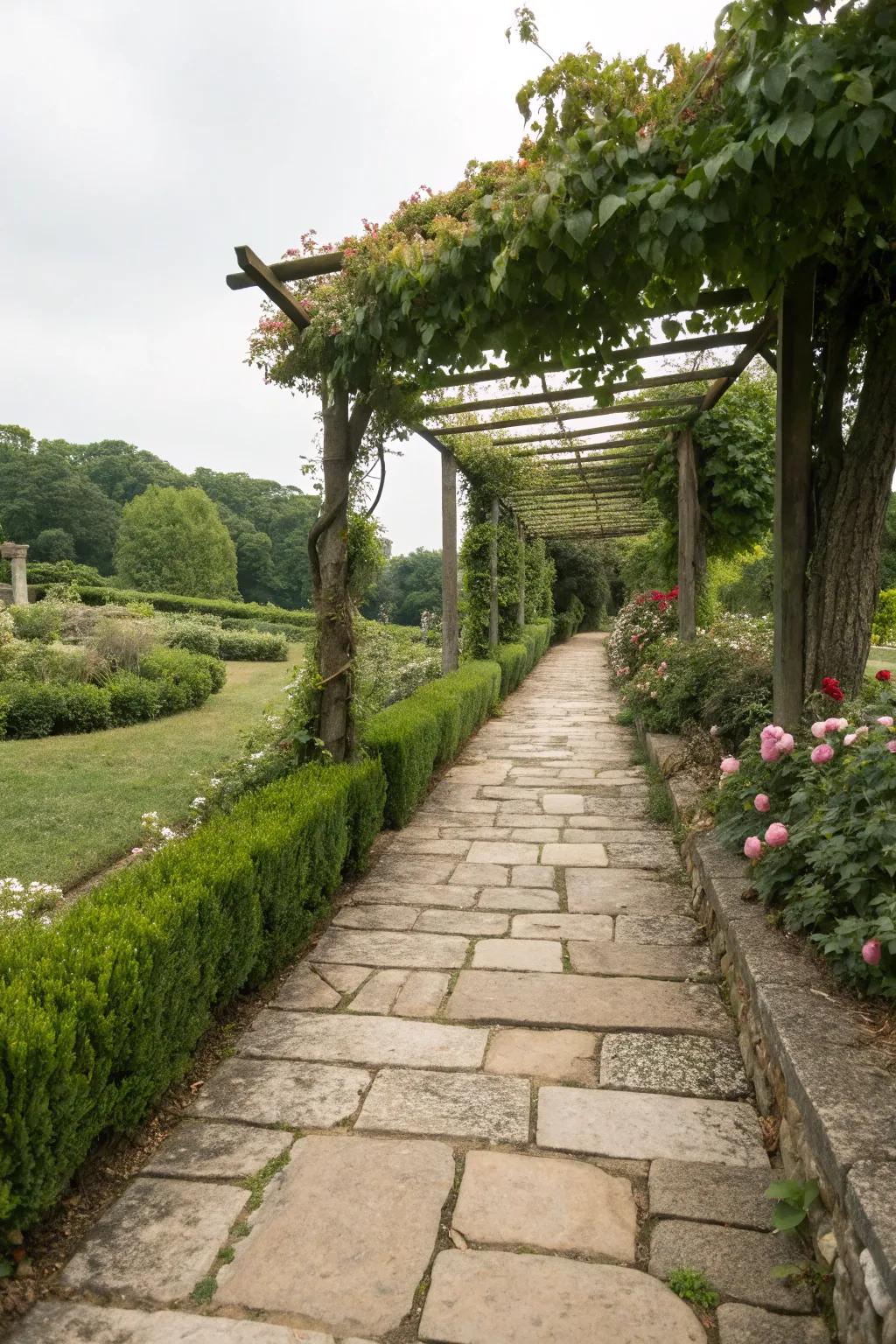 A stone pathway leads through a trellis covered in vines, adding a classic garden charm.