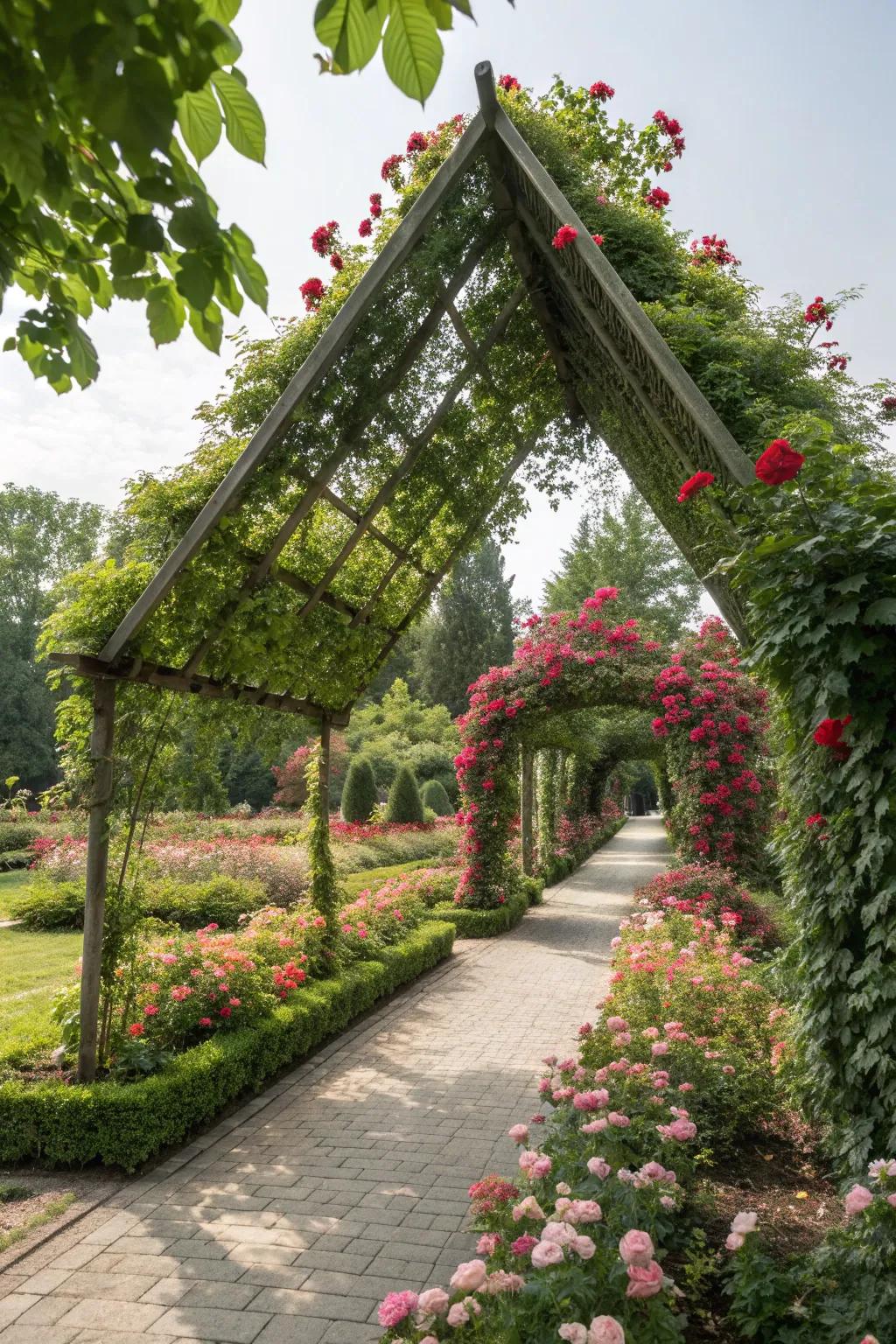 A vine-covered triangle pergola providing a romantic garden nook.