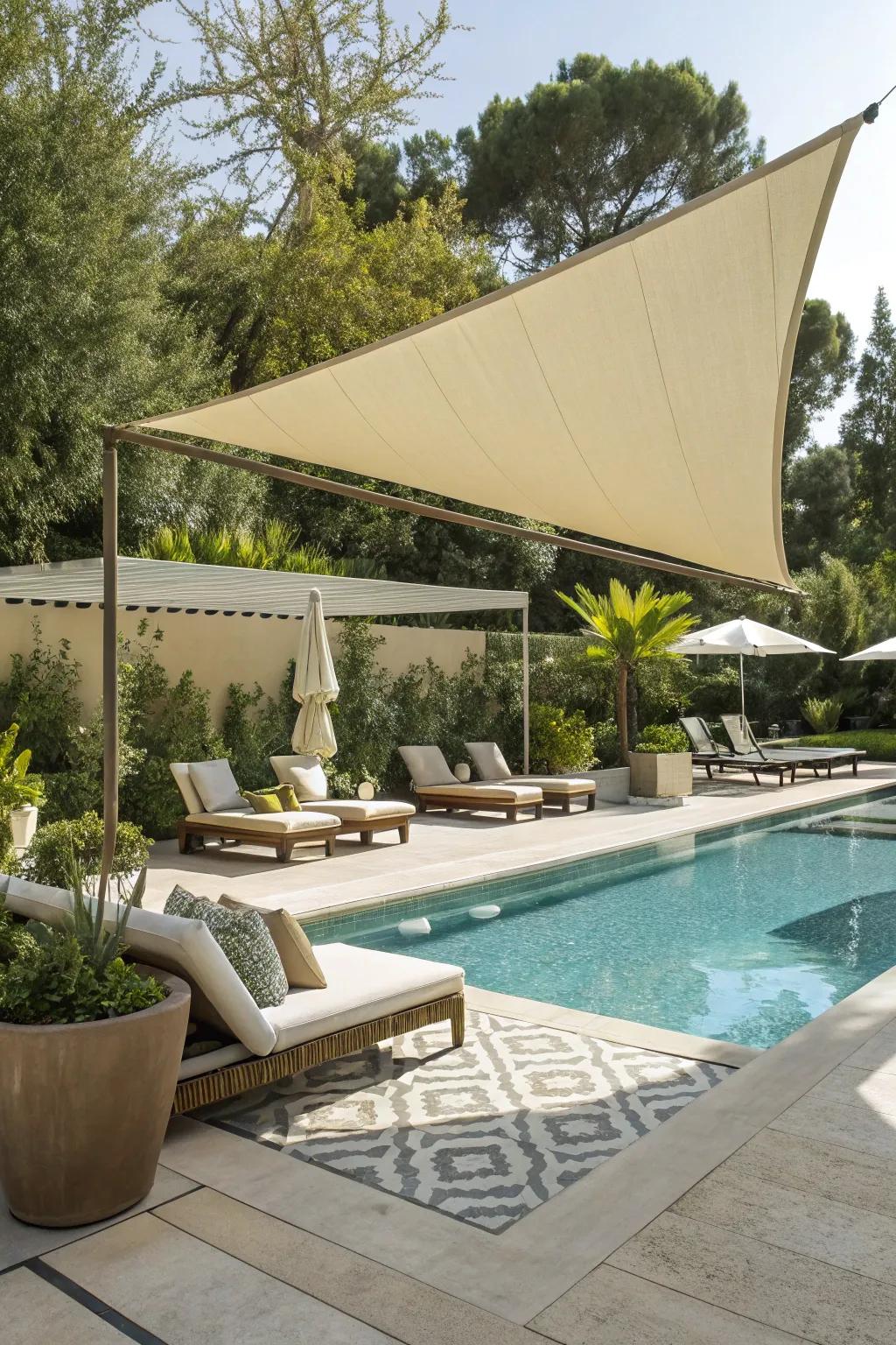 A triangle sun shade sail transforms this poolside area into a tranquil retreat.