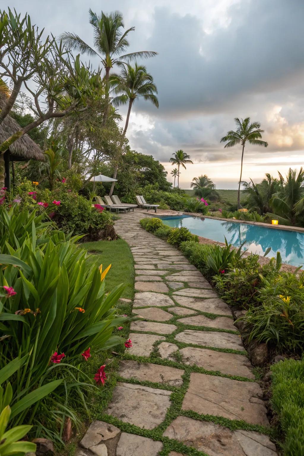 Stone pathways add a natural elegance to your tropical pool area.