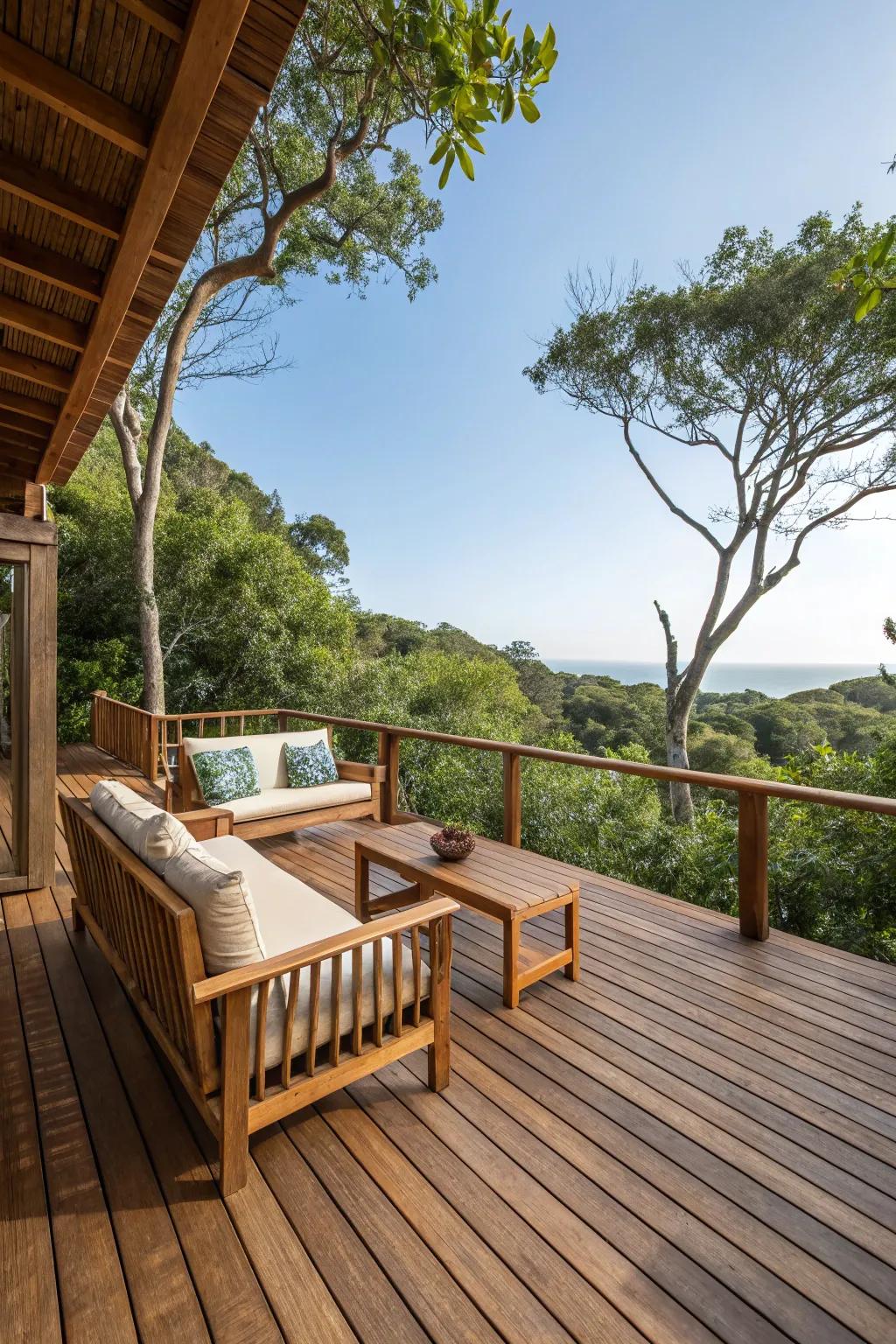 Wooden flooring and furniture add warmth to a tropical deck.