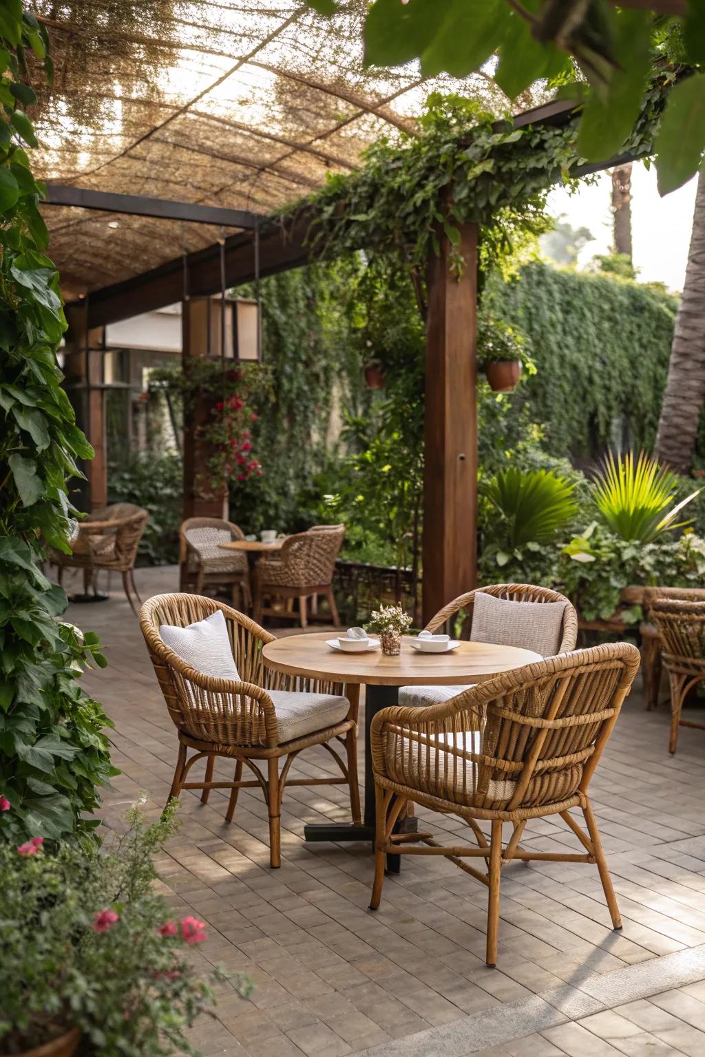 Natural materials harmonize with tropical greenery.