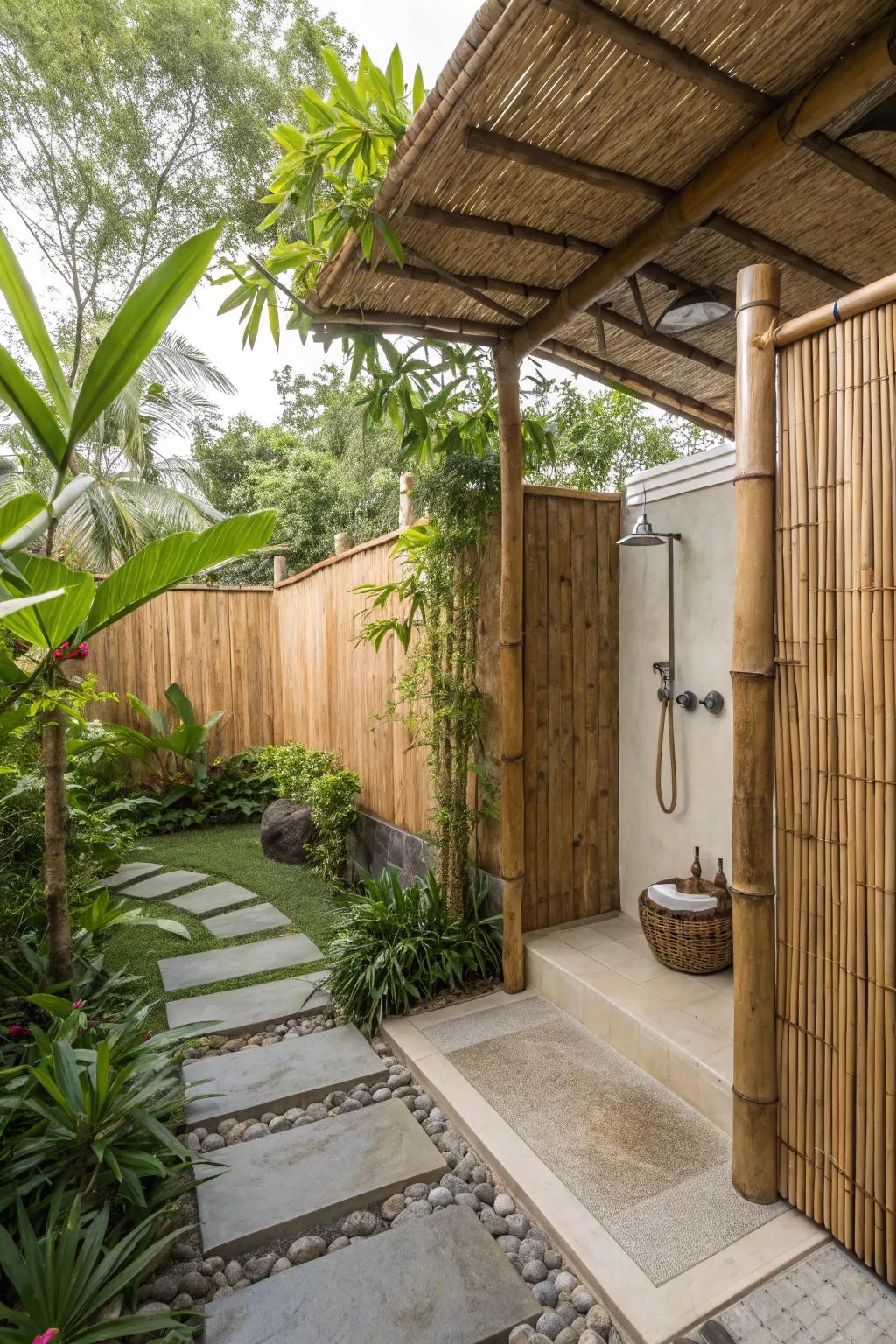 Experience the calming effects of bamboo in your tropical outdoor shower.