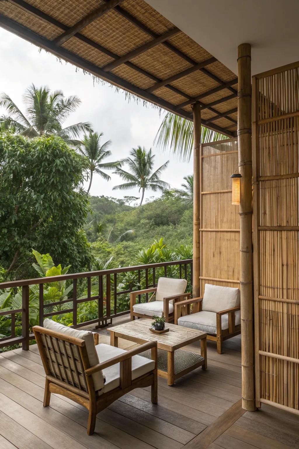 Natural elements like bamboo and wood bring tropical warmth to this patio.