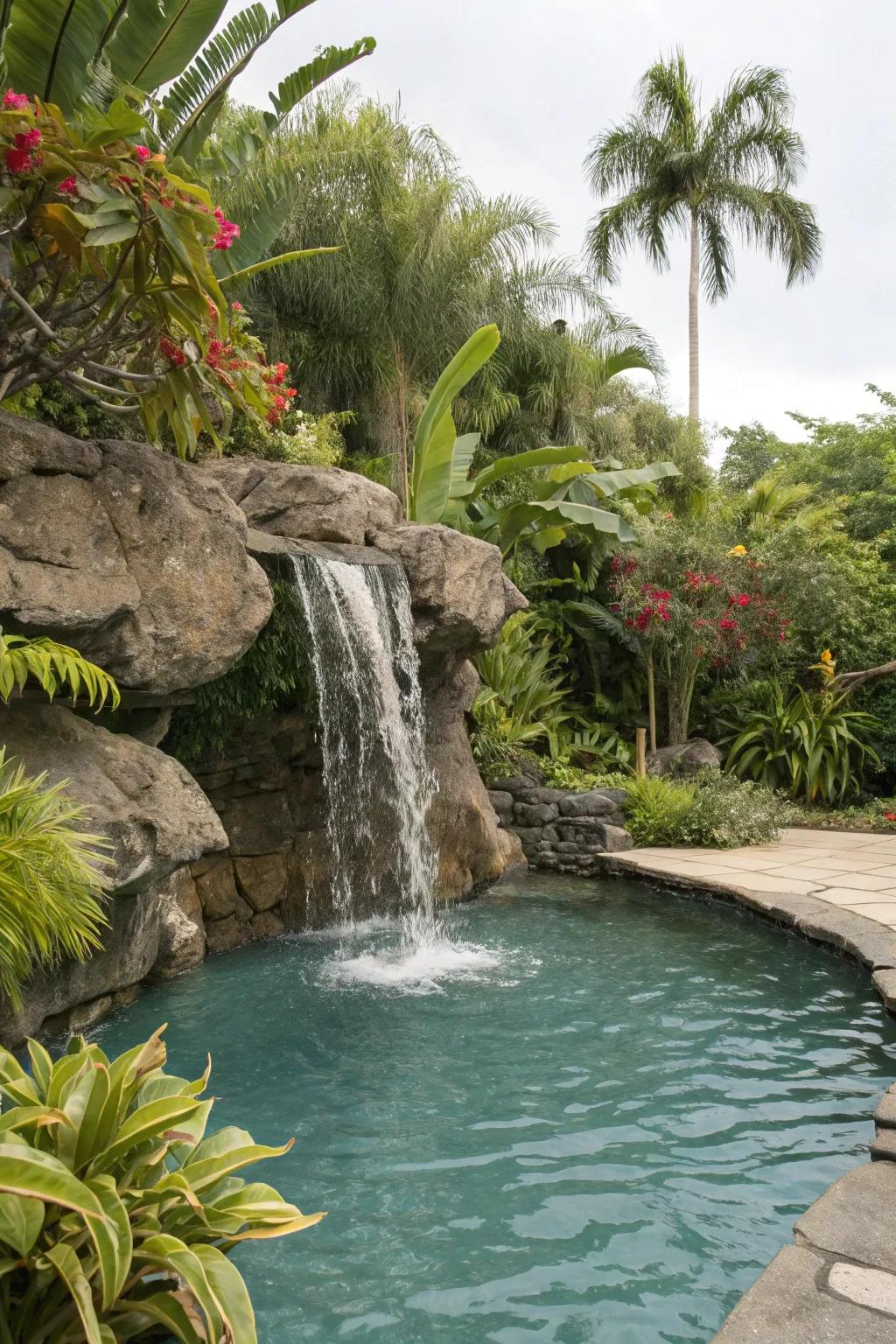 A natural rock waterfall cascading into a pool, creating a serene tropical environment.