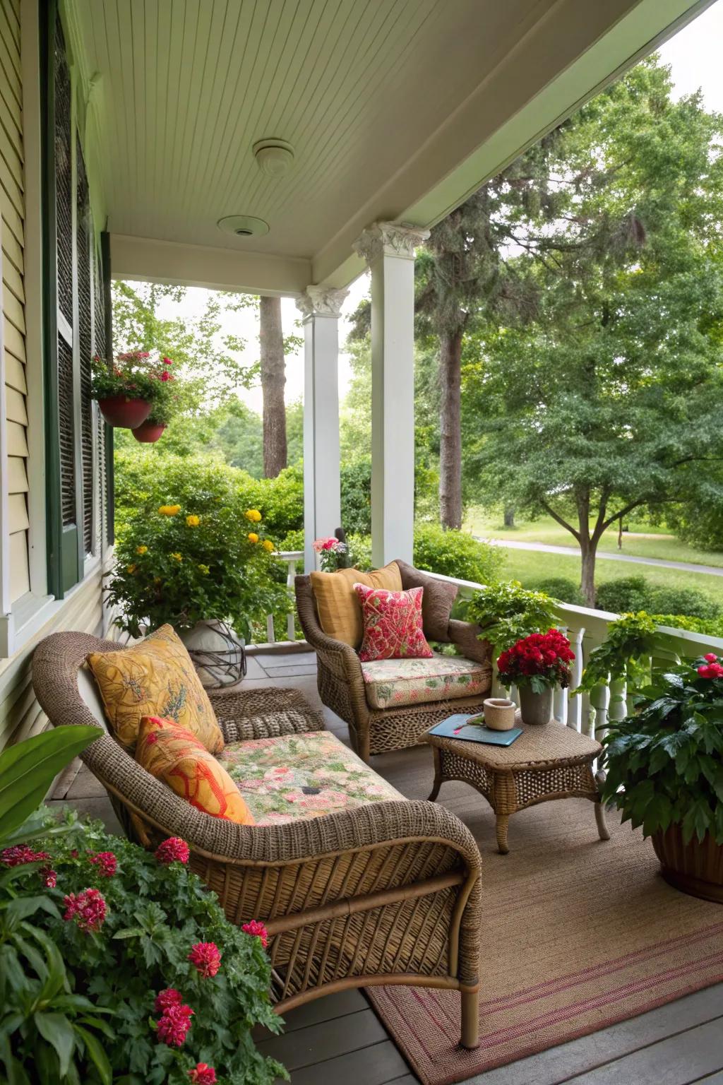 Rattan seating with colorful cushions offers comfort and style.