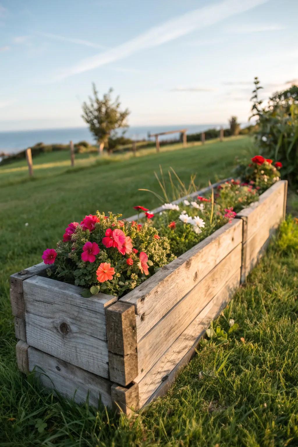 Charming wooden trough planter made from reclaimed wood.