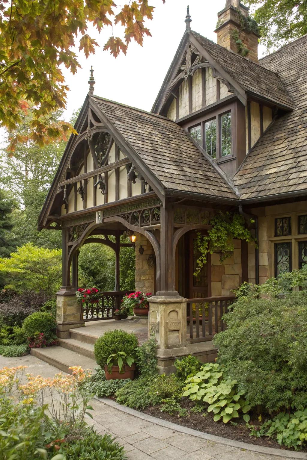 A steeply pitched roof adds a dramatic flair to this Tudor porch.