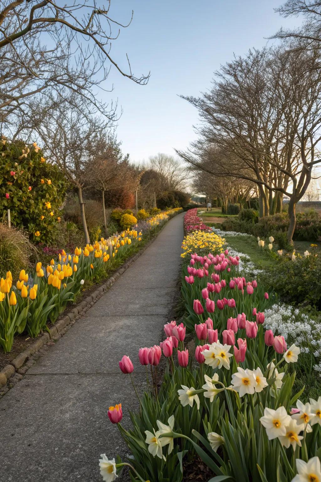 A garden pathway beautifully bordered with blooming tulips and daffodils.