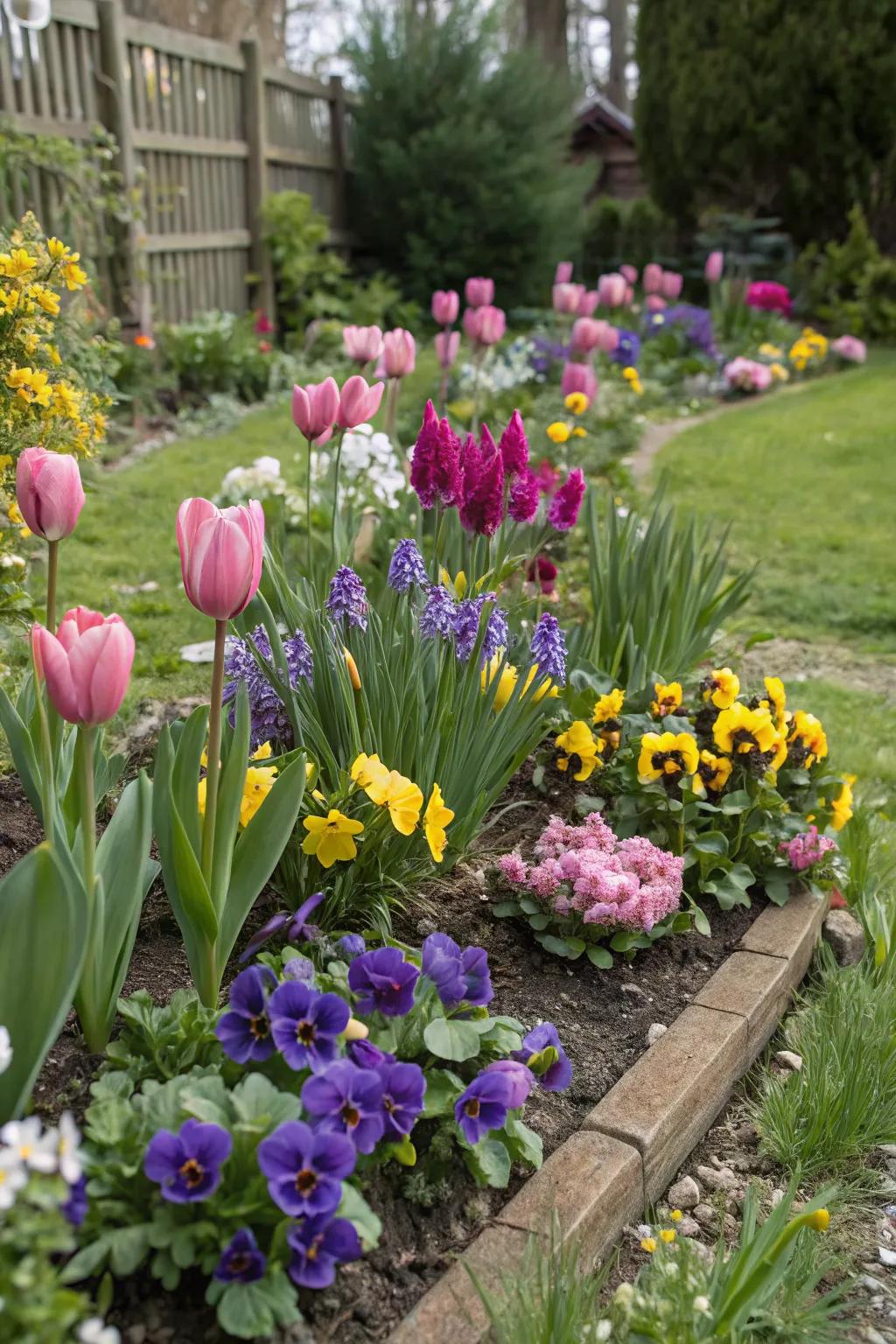 Layered planting adds depth and interest to tulip beds.