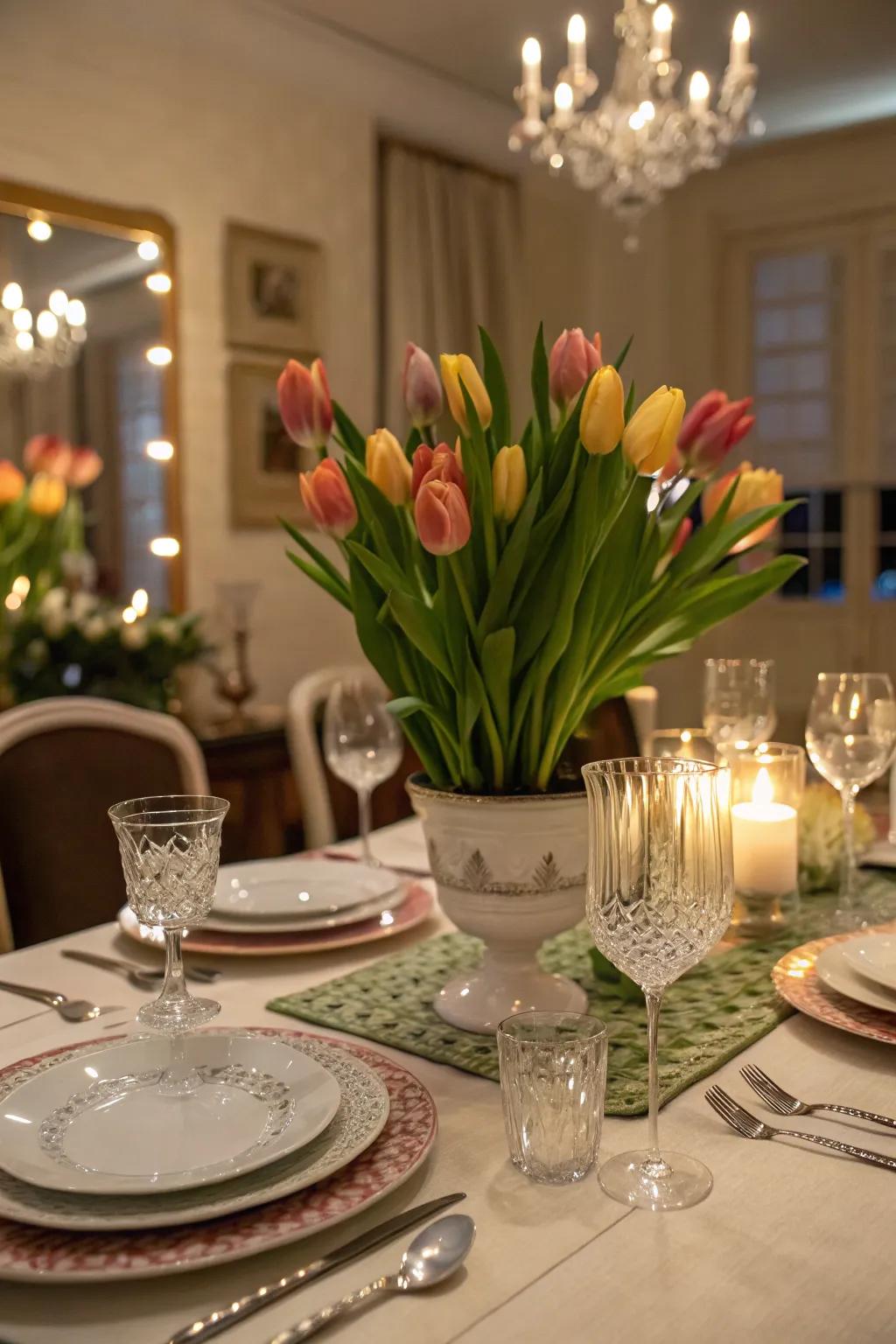 An elegant tulip centerpiece perfect for any dining table.
