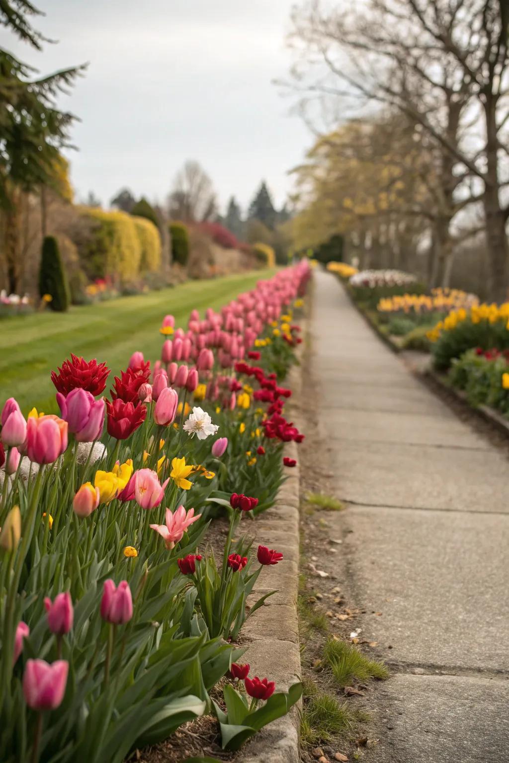 A charming garden path bordered by blooming tulips.