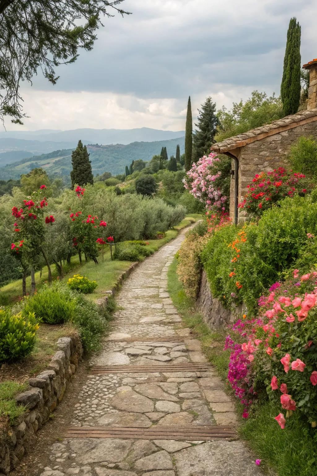 A stone pathway adds rustic charm to any garden.