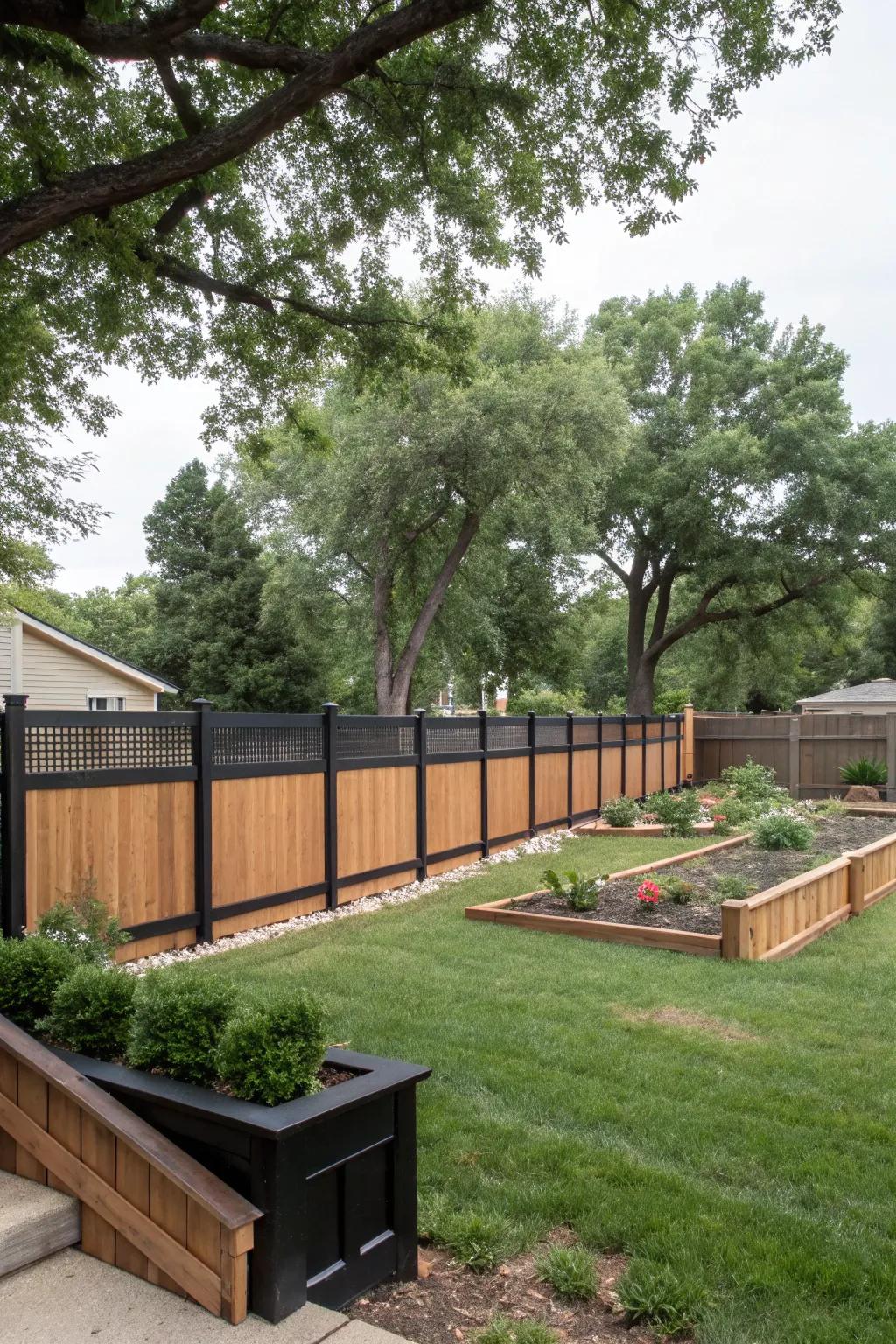 A black and brown fence elegantly framing a spacious backyard.