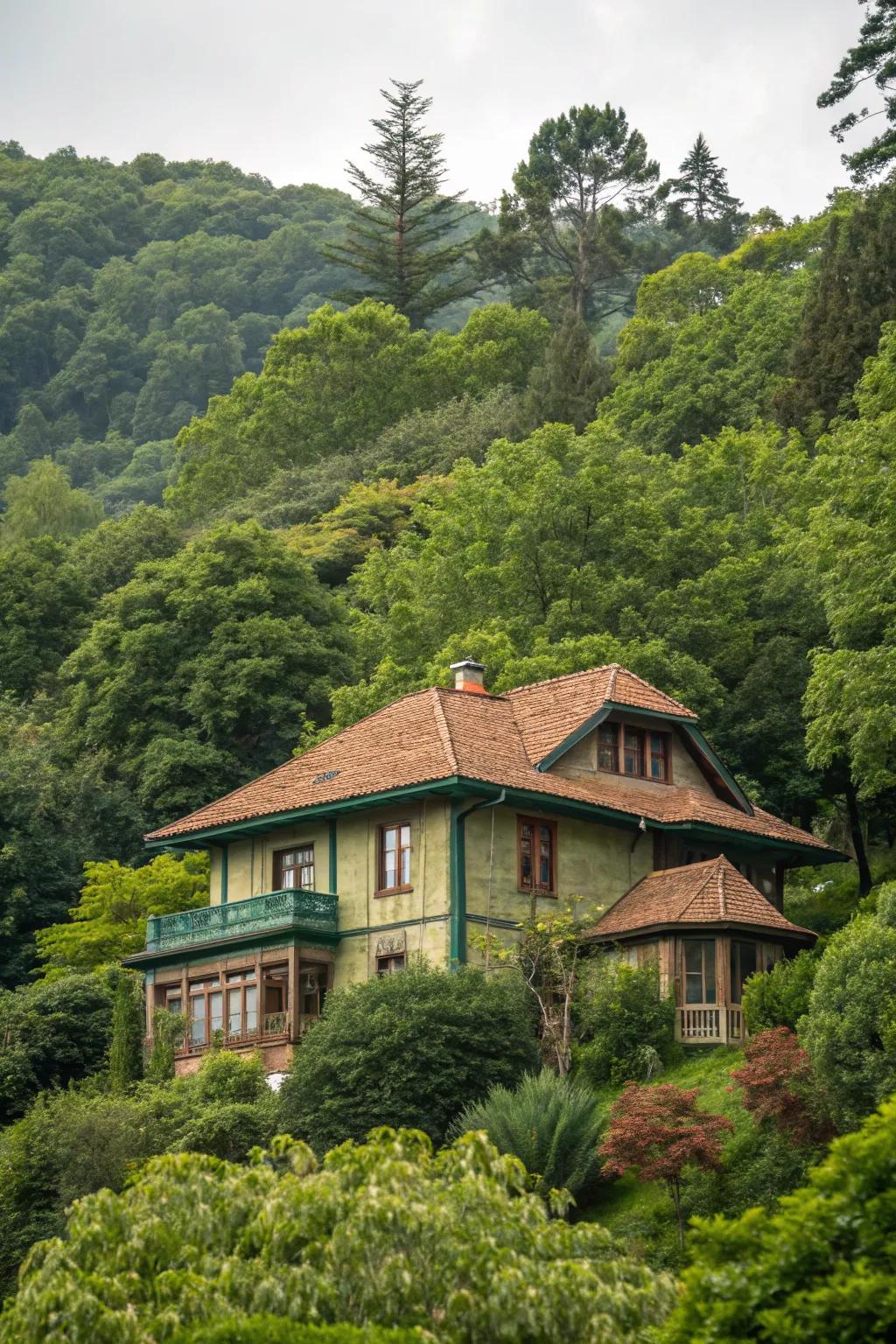 Earthy tones blend seamlessly with the surrounding nature, creating a cozy atmosphere.