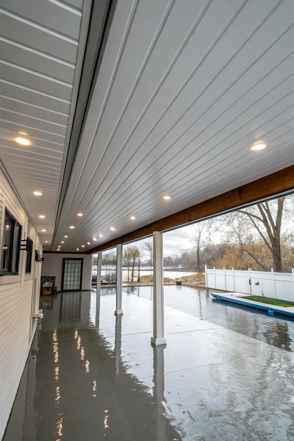 A waterproof ceiling under your deck ensures a dry and stylish outdoor space.