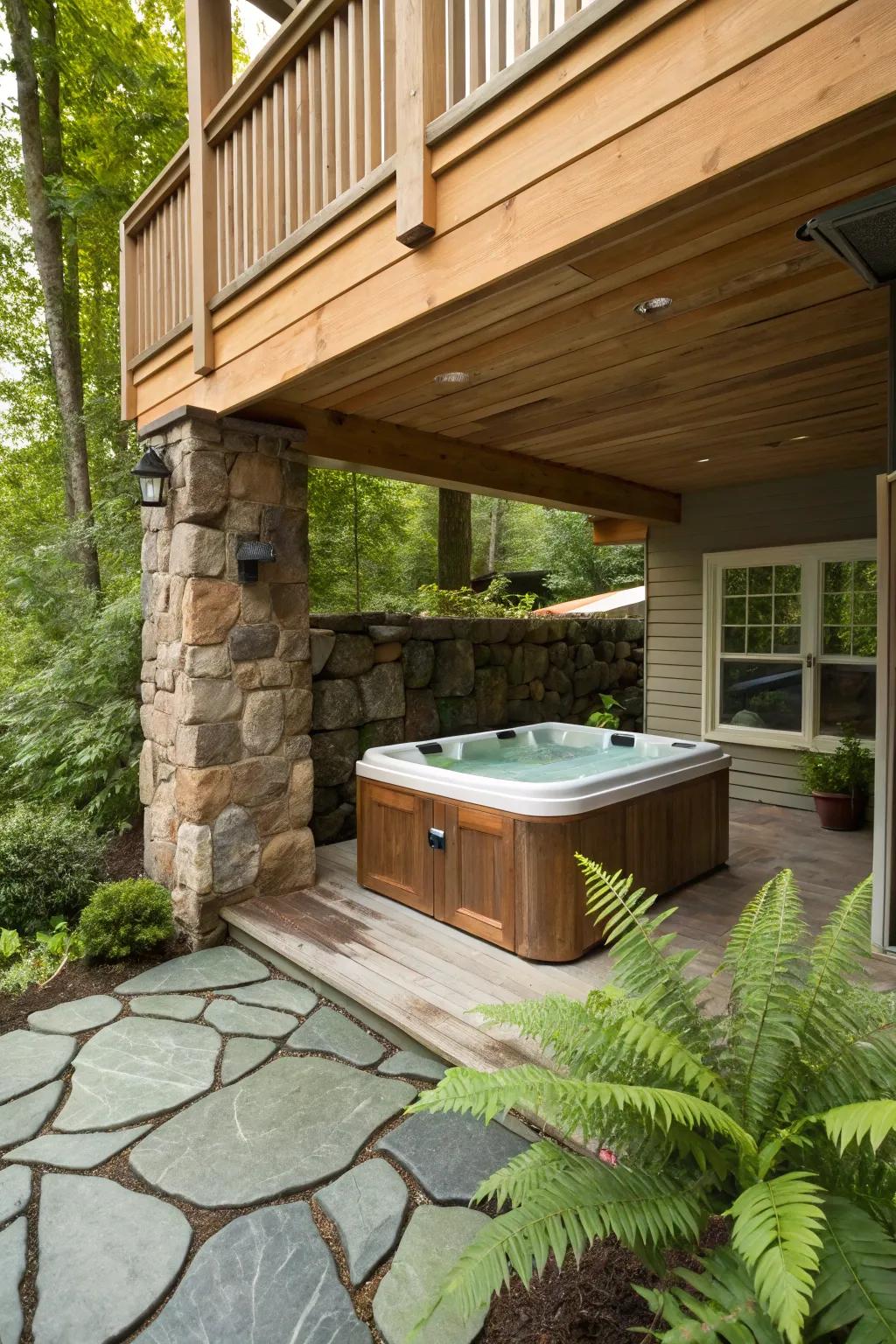 Natural stone accents bring a rustic touch to this hot tub area.