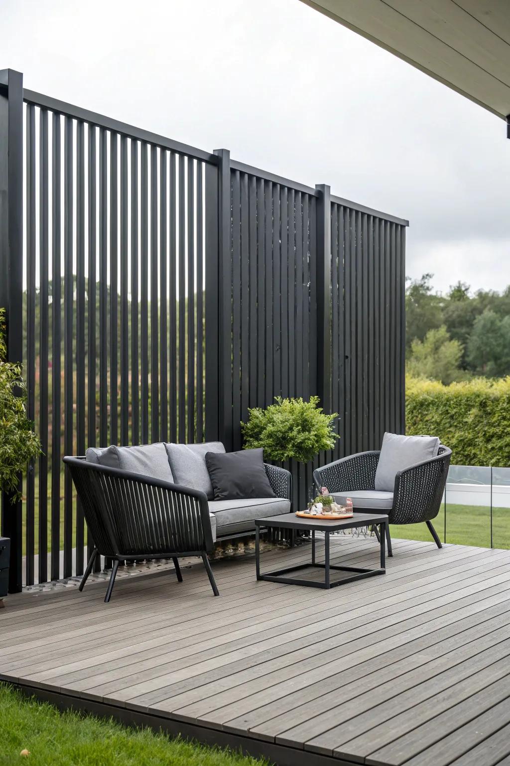 Modern vertical slats for a chic and private under-deck area.