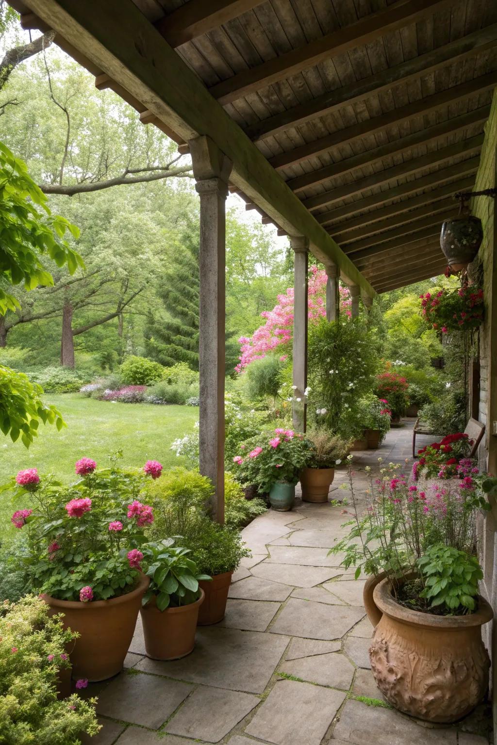 A lush garden oasis under the porch.