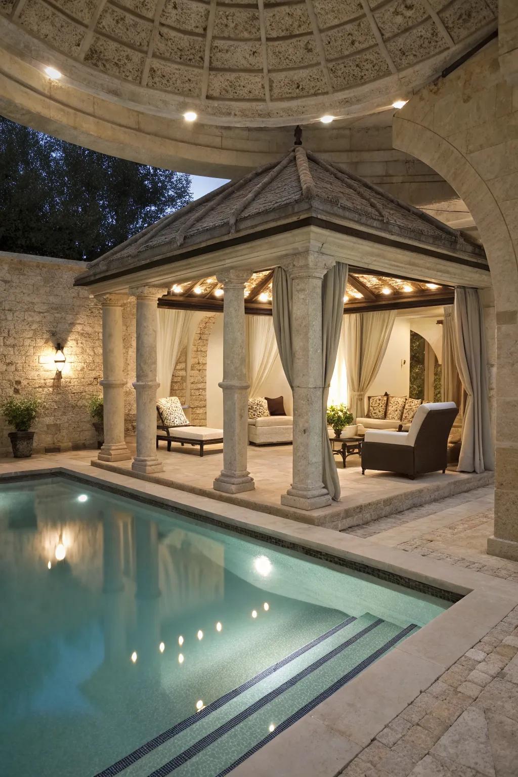 Transform your poolside into an elegant retreat with gazebos and luxurious seating.