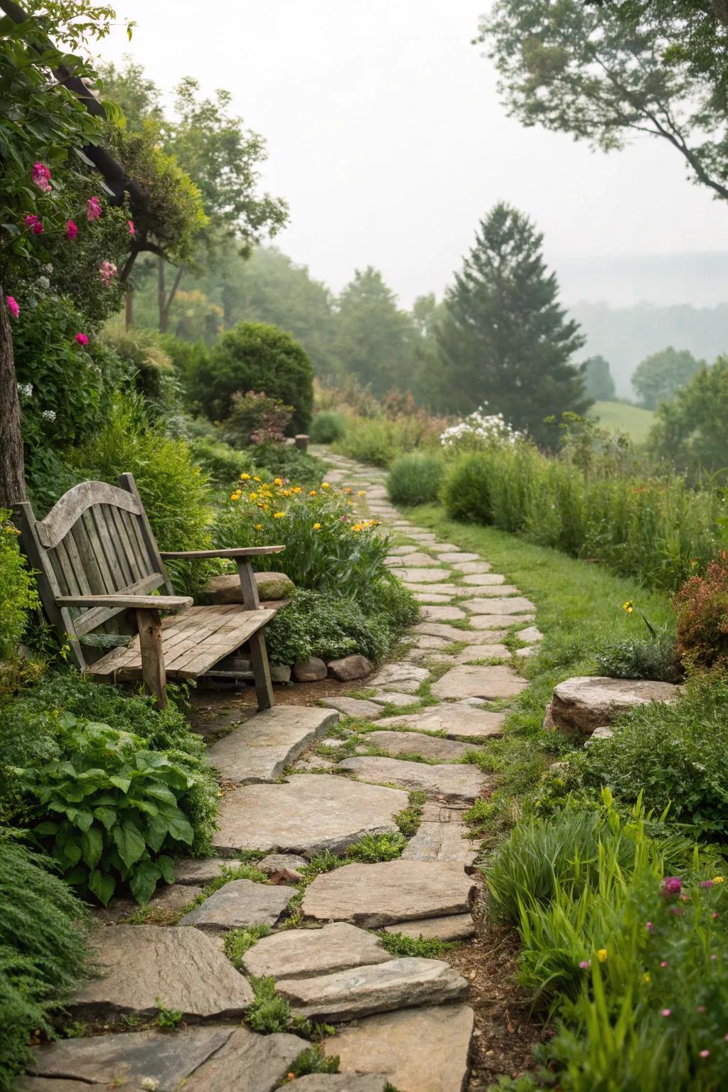 Uneven natural stones create a rustic and organic garden edge.