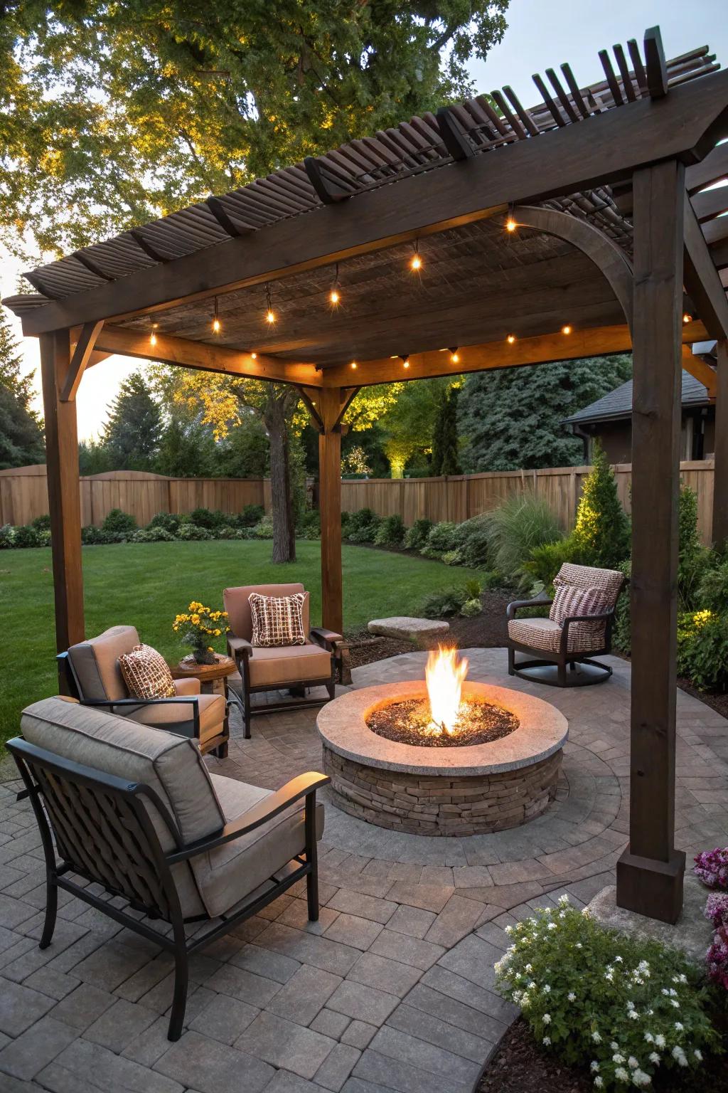 Enjoy cozy evenings with a fire pit under your pergola.