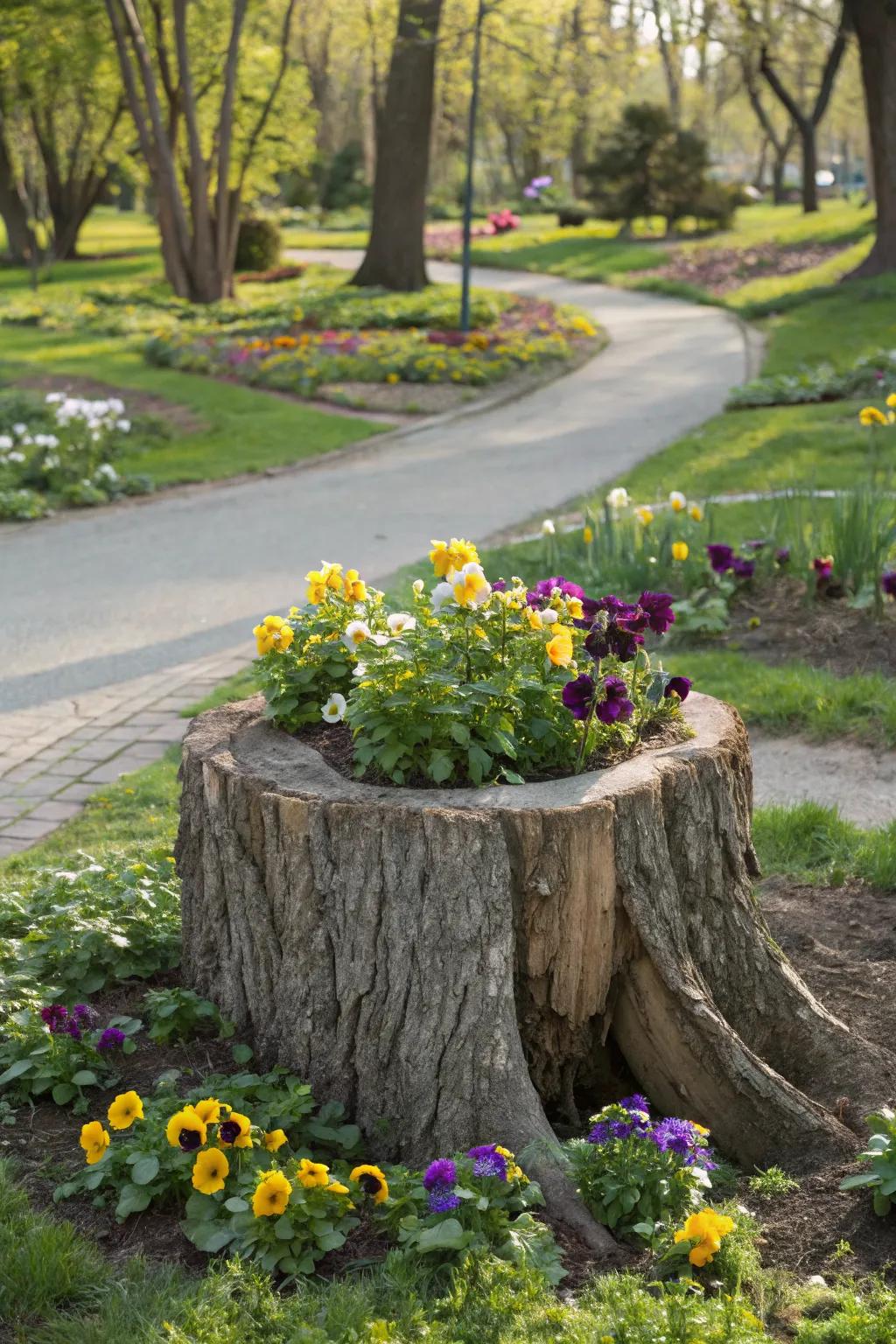 A hollowed tree stump creates a natural and rustic planter.