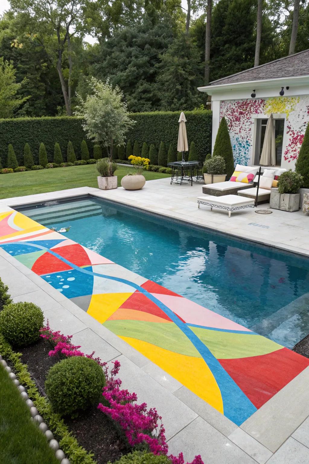 A pool with abstract paint design in bold colors.