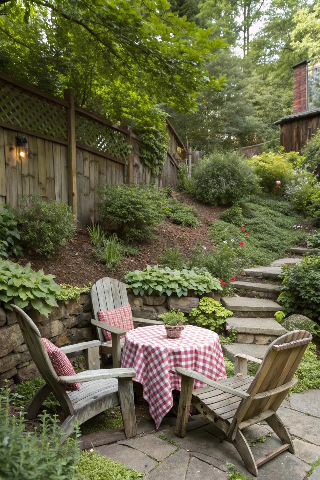 A seating nook offers a perfect escape in your sloped backyard.