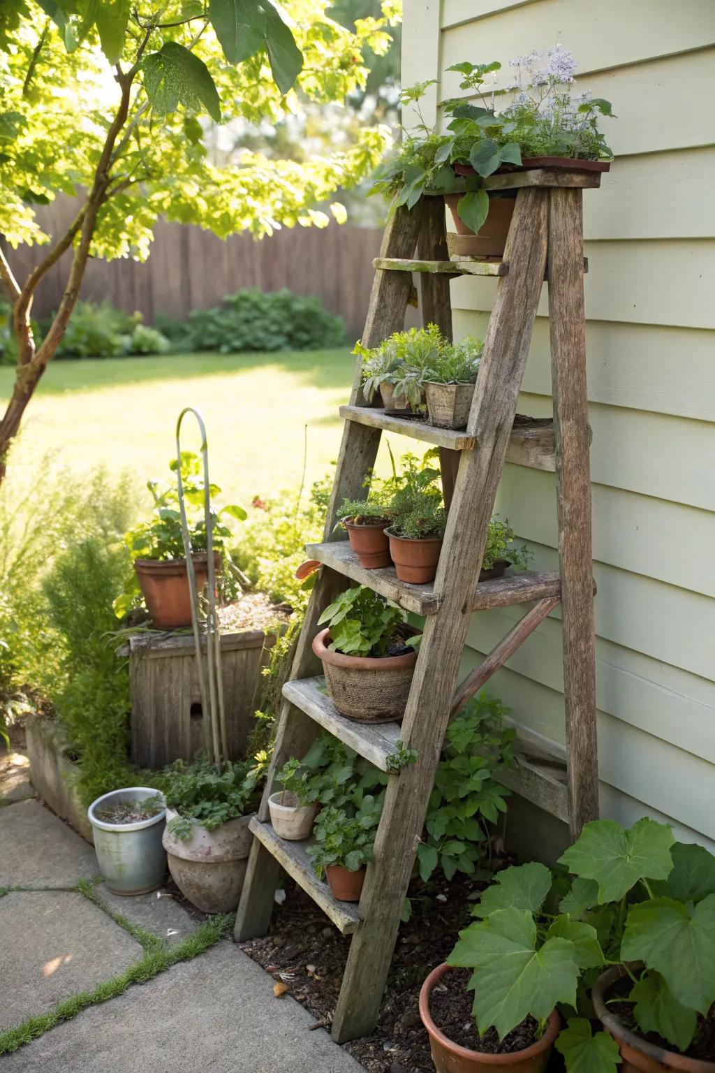 A vintage ladder showcasing a stunning vertical garden.