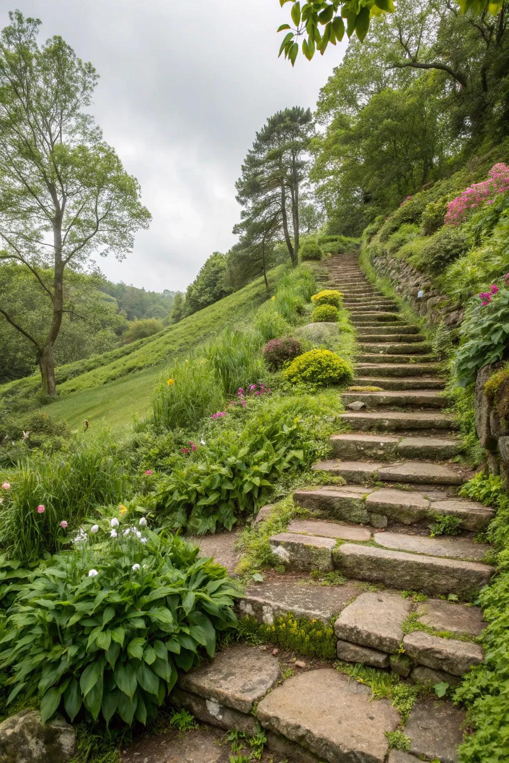 Stone stairways offer both functionality and charm.