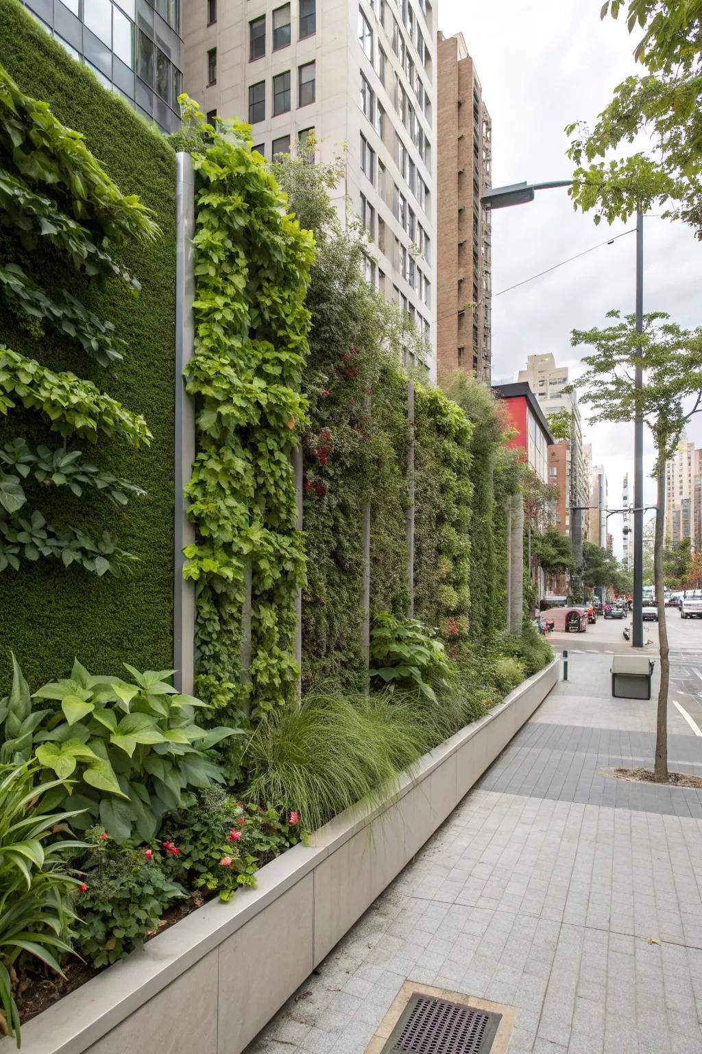 Lush vertical green walls transform this urban front yard into a green haven.