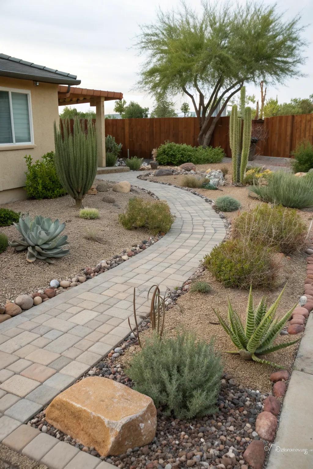 A modern xeriscape garden designed for water efficiency.