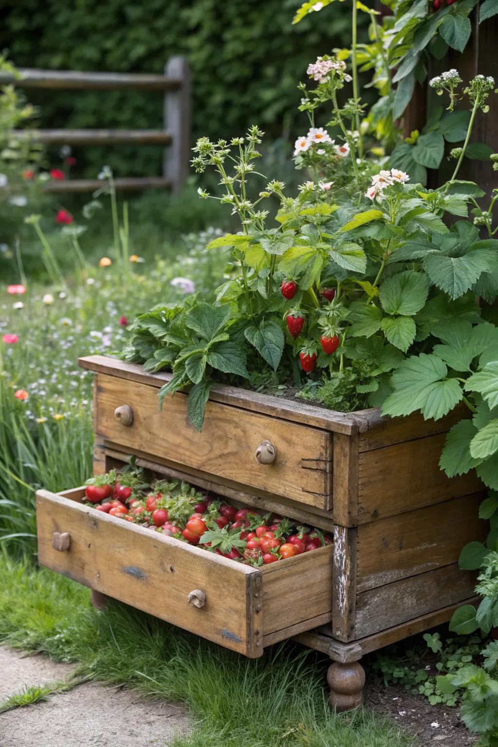 Repurposed dresser overflowing with strawberries and herbs.