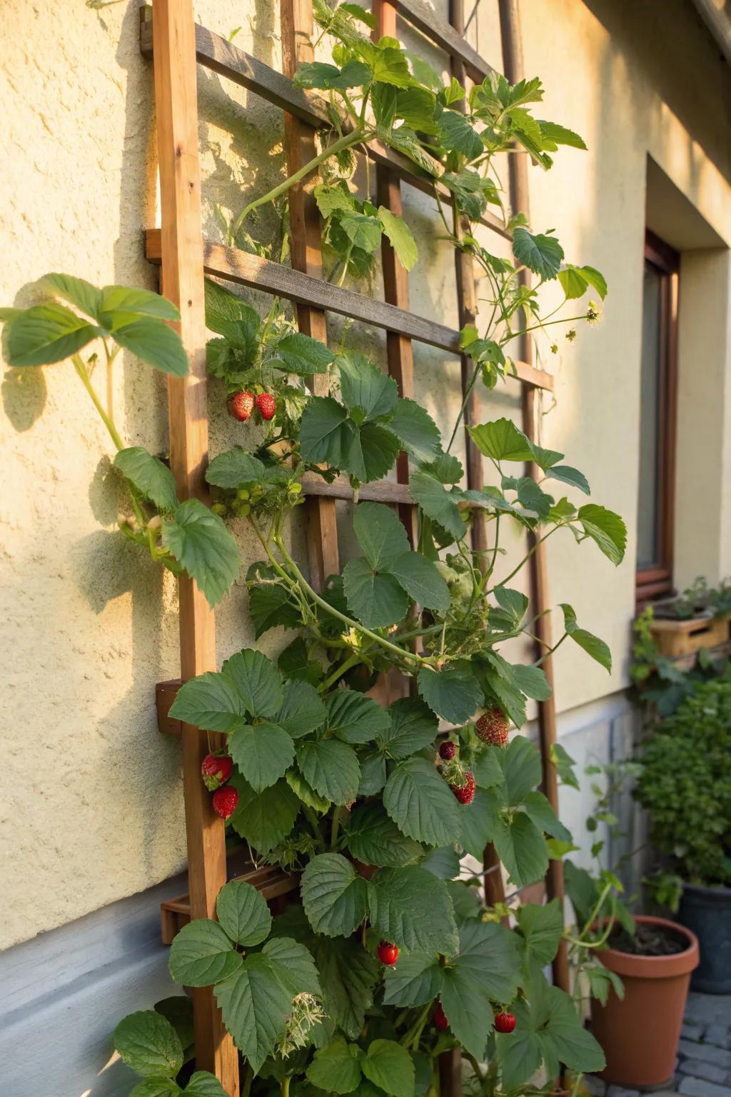 Beans and strawberries reaching for the sky.