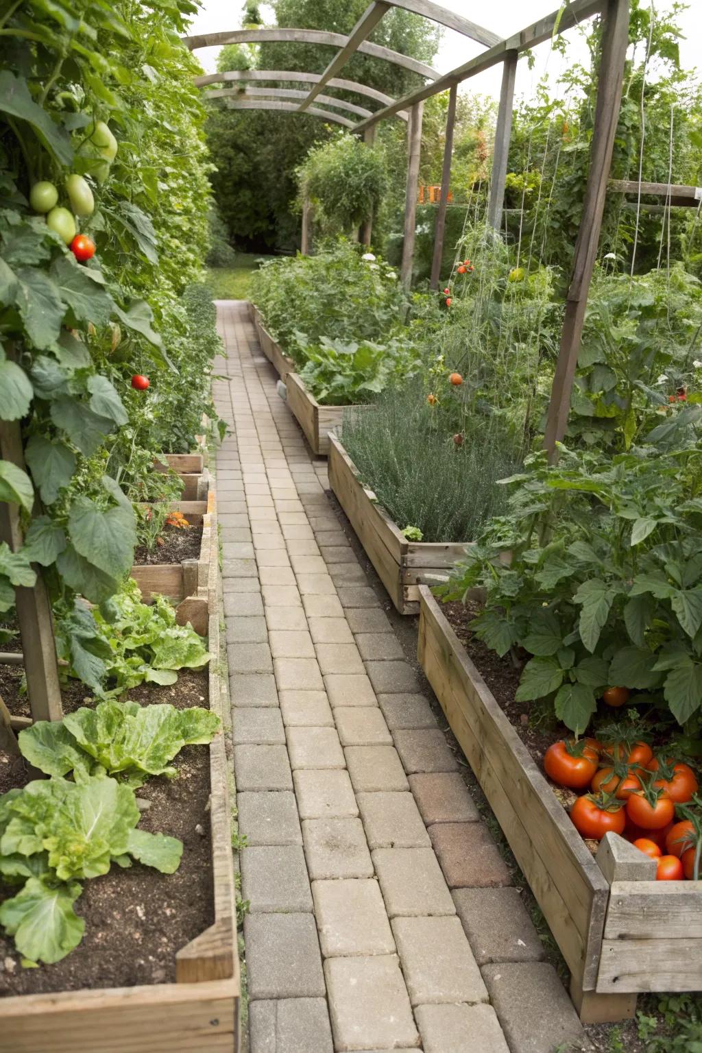 Wooden raised beds provide structure and warmth to garden paths.