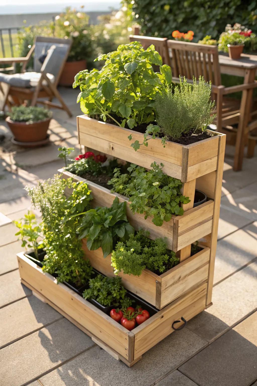 A tiered planter box efficiently uses vertical space for herbs and veggies.