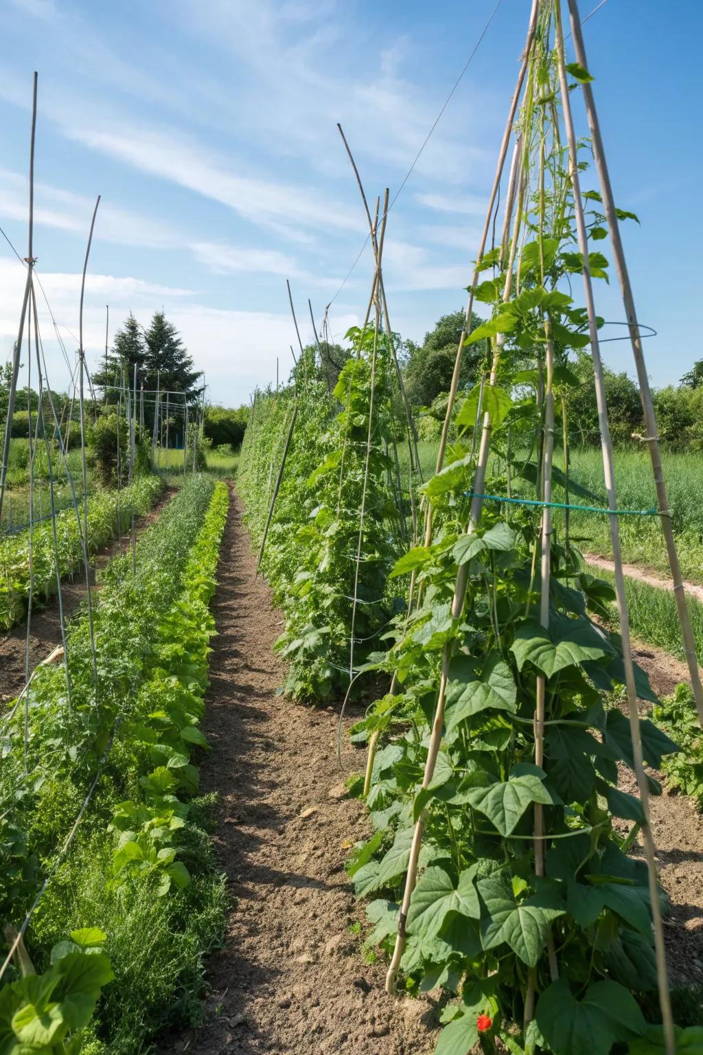 Vertical gardening with trellises saves space and boosts productivity.