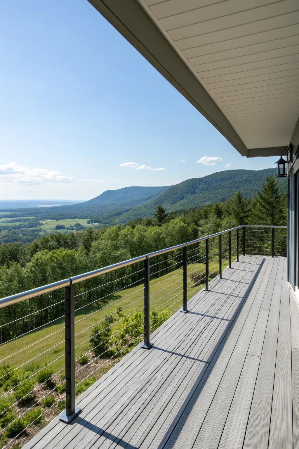 Cable railings offering unobstructed views of a scenic landscape.