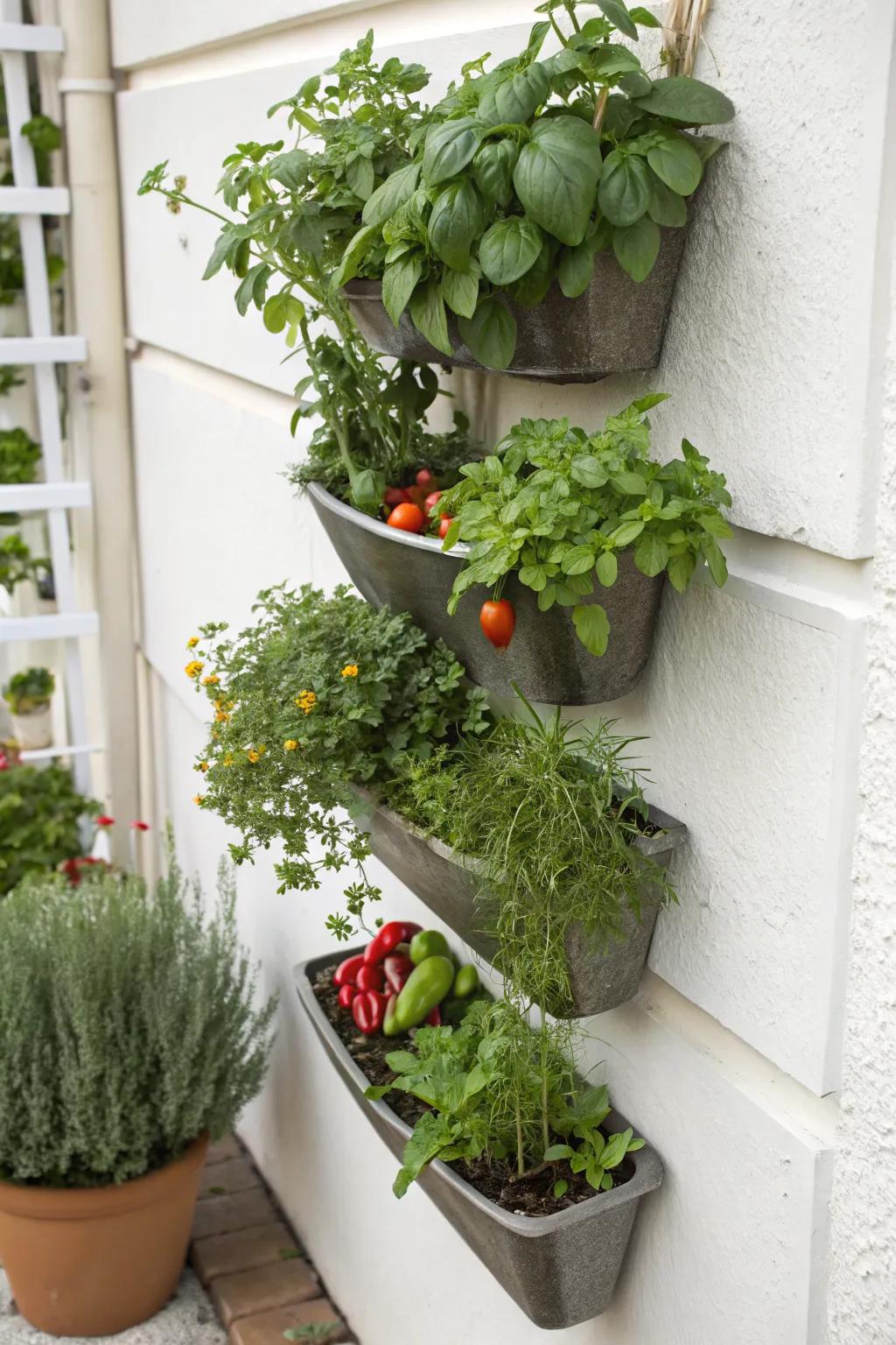 Wall-mounted planters make the most of vertical space.