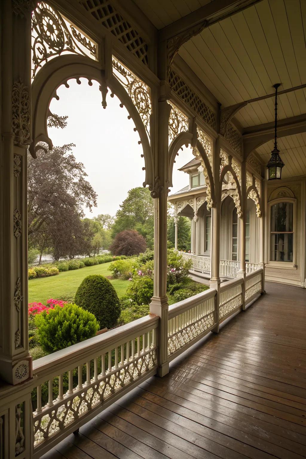 Elegant arches enhance Victorian porch aesthetics.