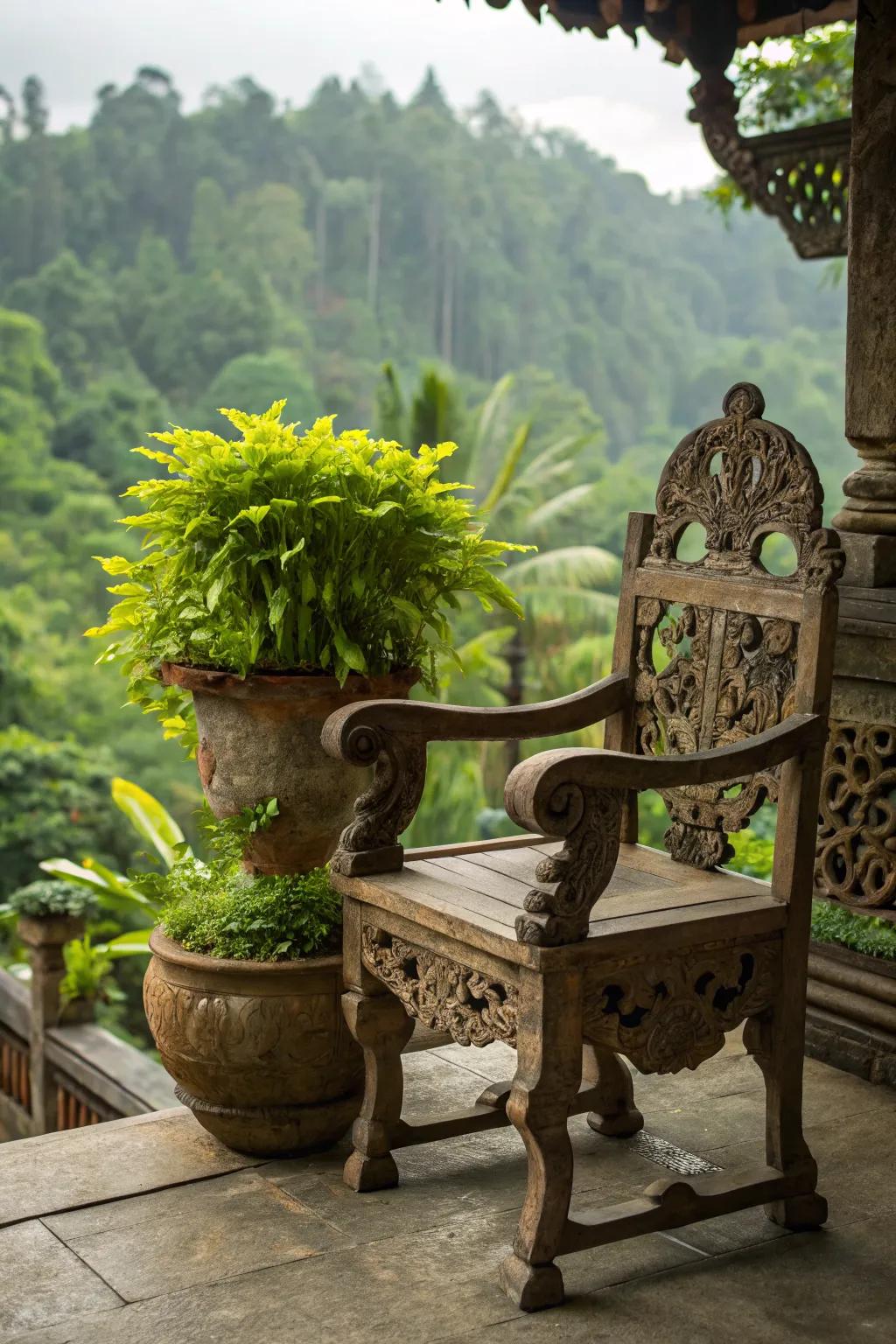 An antique garden chair with a potted plant, adding character to a cozy garden corner.