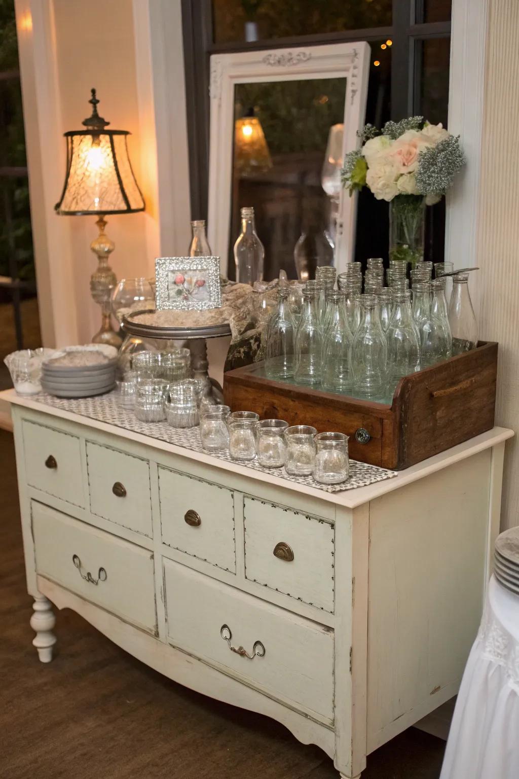 An antique dresser adds character and practicality to your garden party setup.