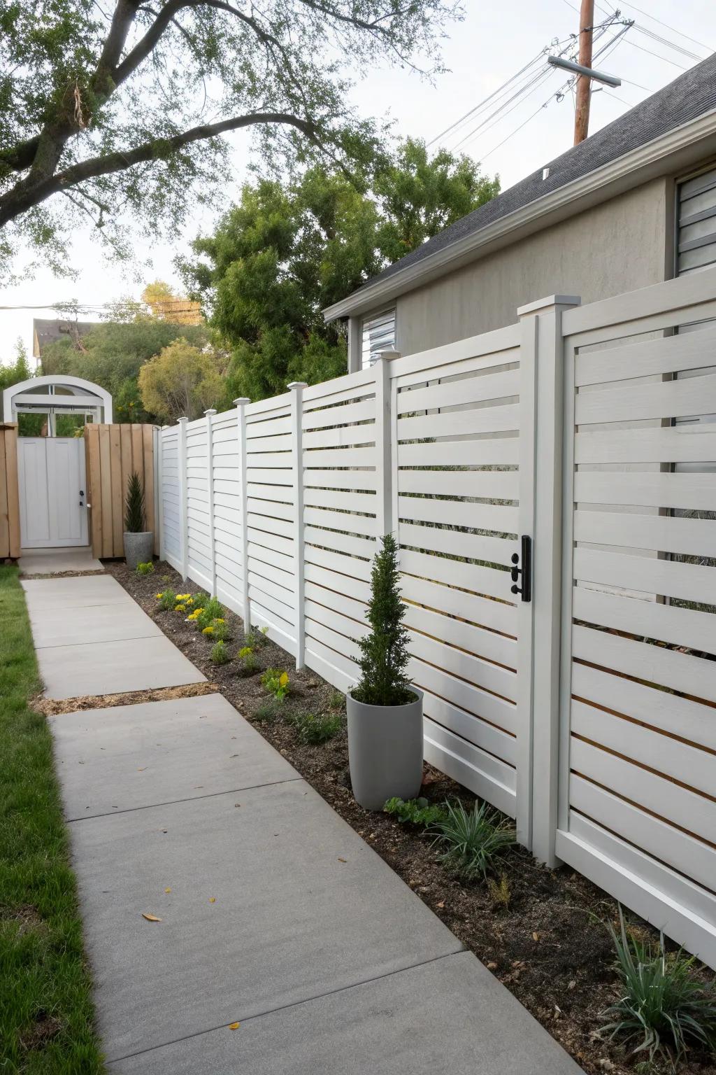 A modern horizontal slat vinyl fence in a minimalist backyard, creating a sleek and stylish barrier.