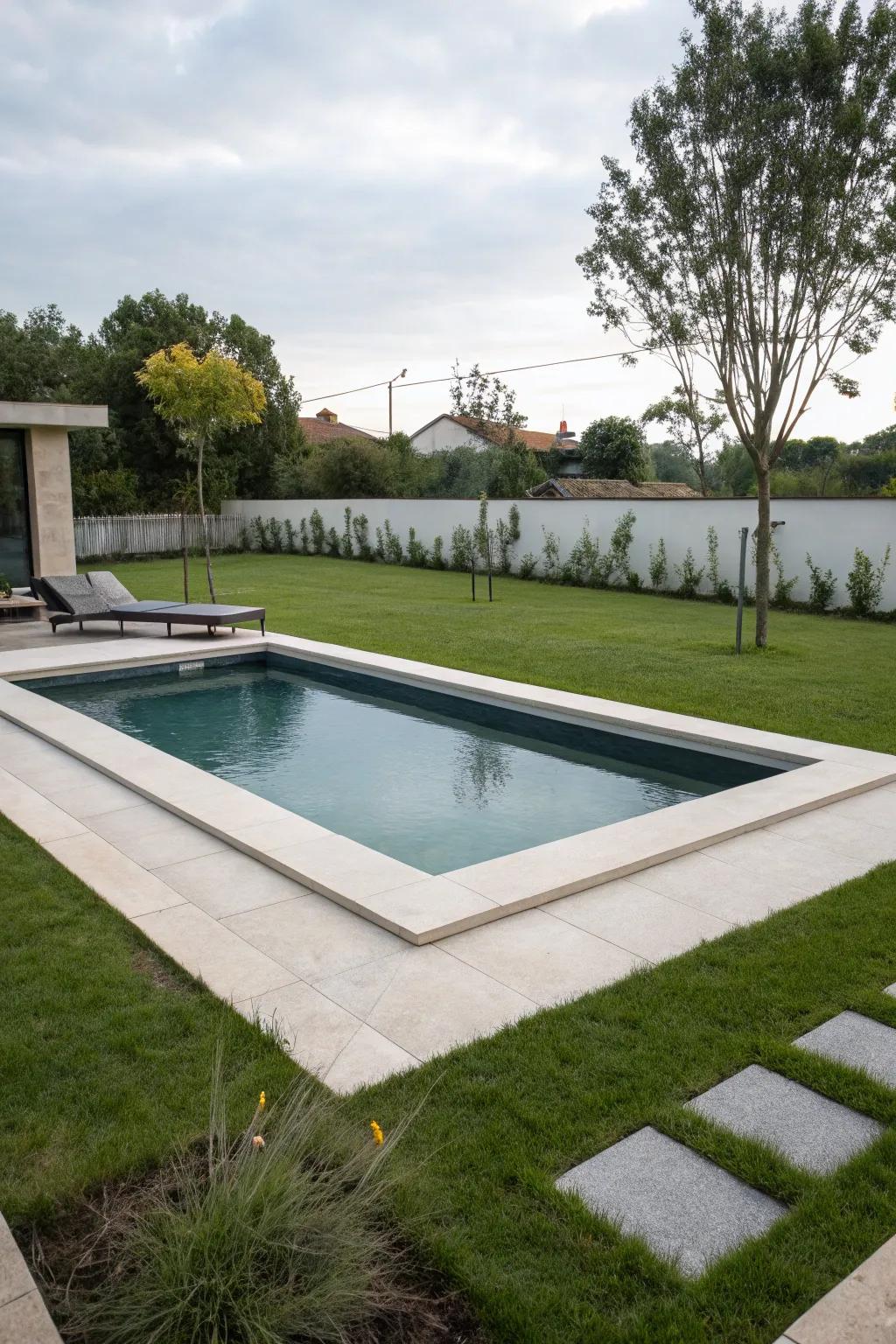A chic geometric inground wading pool adds a modern edge to this outdoor space.