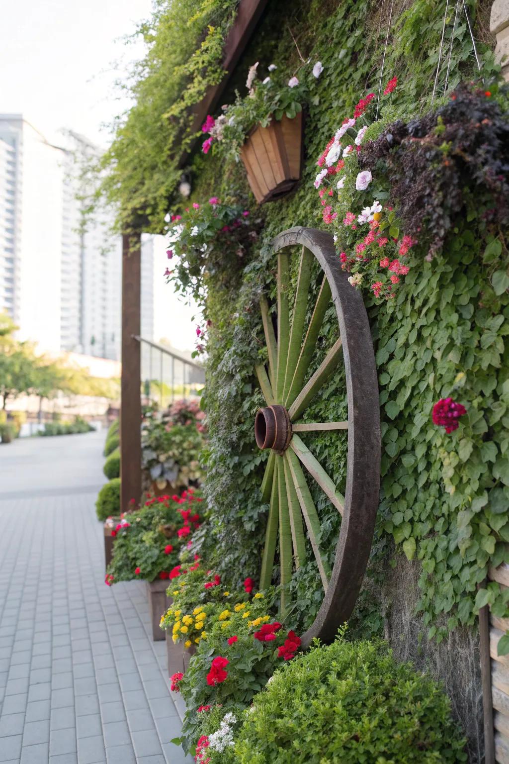 Climbing plants entwine a wagon wheel in this vertical garden display.