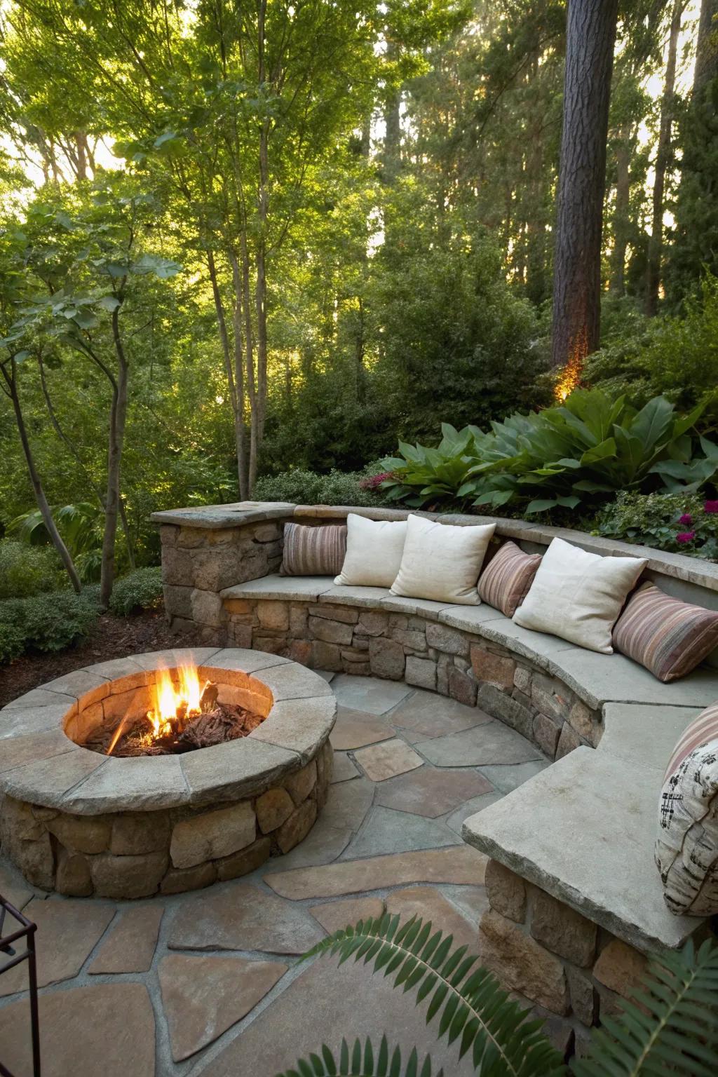 A sunken fire pit lounge with stone seating and plush cushions, perfect for cozy gatherings.